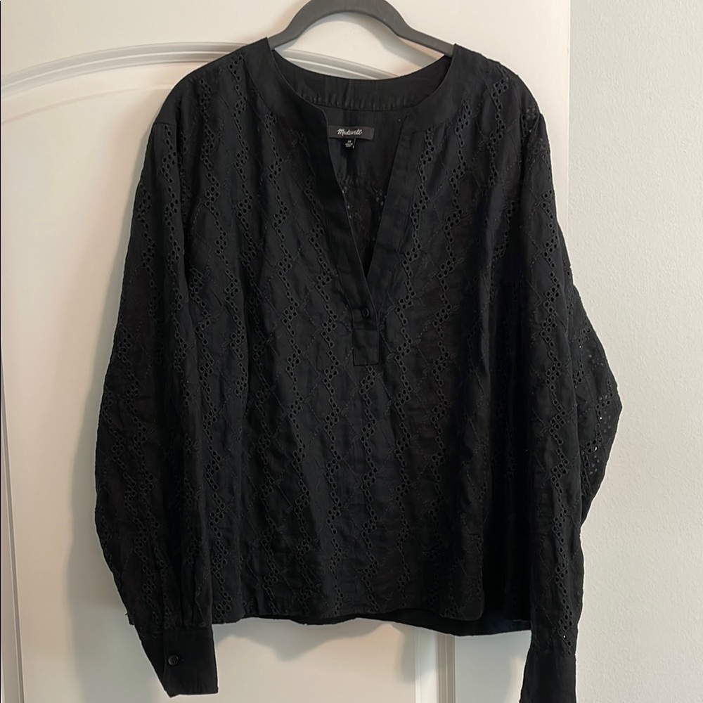 Madewell Black Boxy Blouse with Mandarin Collar